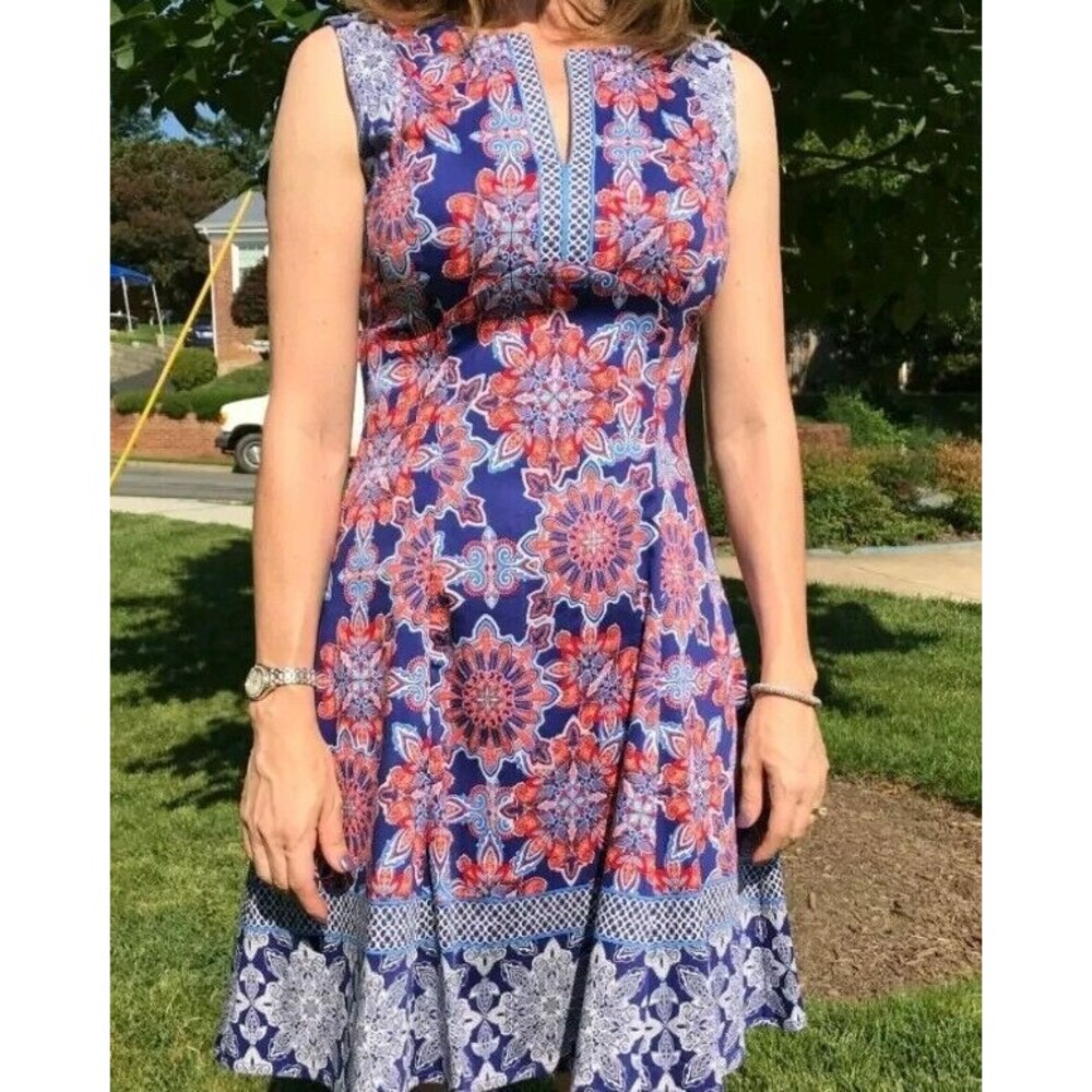 Adorne Dress Size 8 Paisley Sleeveless Zip V Neck Cotton Lined